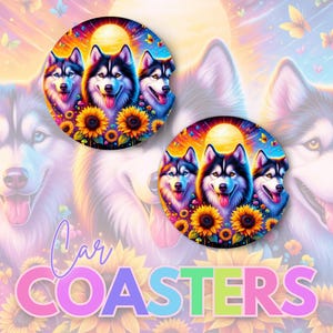 Sous-verre de voiture Husky Dog PNG en téléchargement numérique Sublimation Design PNG cadeau pour les mamans sous-verre de voiture Image en sublimation chien tournesol