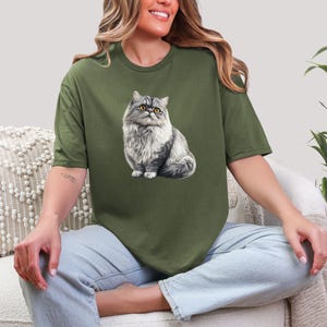 Persian Cat T-Shirt, Cat T-Shirt, Animal Tee, Illustrated Cat, Cat Lover Gift, Cat Mum Gift, Animal Lover Shirt, Cute Cat Gift, Grey Cat Tee
