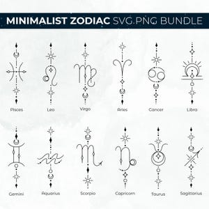 Minimalistyczny pakiet SVG PNG Zodiac, tatuaż zodiaku, horoskop svg, niebiański svg, konstelacja svg, gwiazdy svg, astrologia svg, pliki cyfrowe