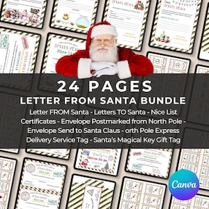 Carta personalizable de Papá Noel, etiqueta de regalo, lista de buenos deseos, certificado, paquete, correo del Polo Norte, caja de Nochebuena, descarga editable e imprimible