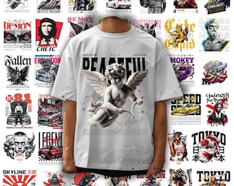 May include: White t-shirt featuring a winged cherub graphic with the words "PEACEFUL" and "Serine". The shirt is surrounded by various graphic designs, including cars, portraits, and Japanese text.