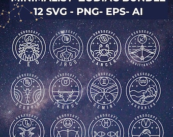 Minimalist Zodiac SVG PNG Bundle, Zodiac Tattoo, Horoscope svg, Celestial svg, Constellation svg, Stars svg, Astrology svg, Digital Files