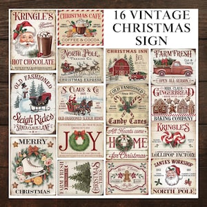 16 cartoline vintage a tema natalizio, cartello di fattoria di Natale, decorazioni natalizie stampabili per la casa, download digitale istantaneo 300 Dpi Jpg