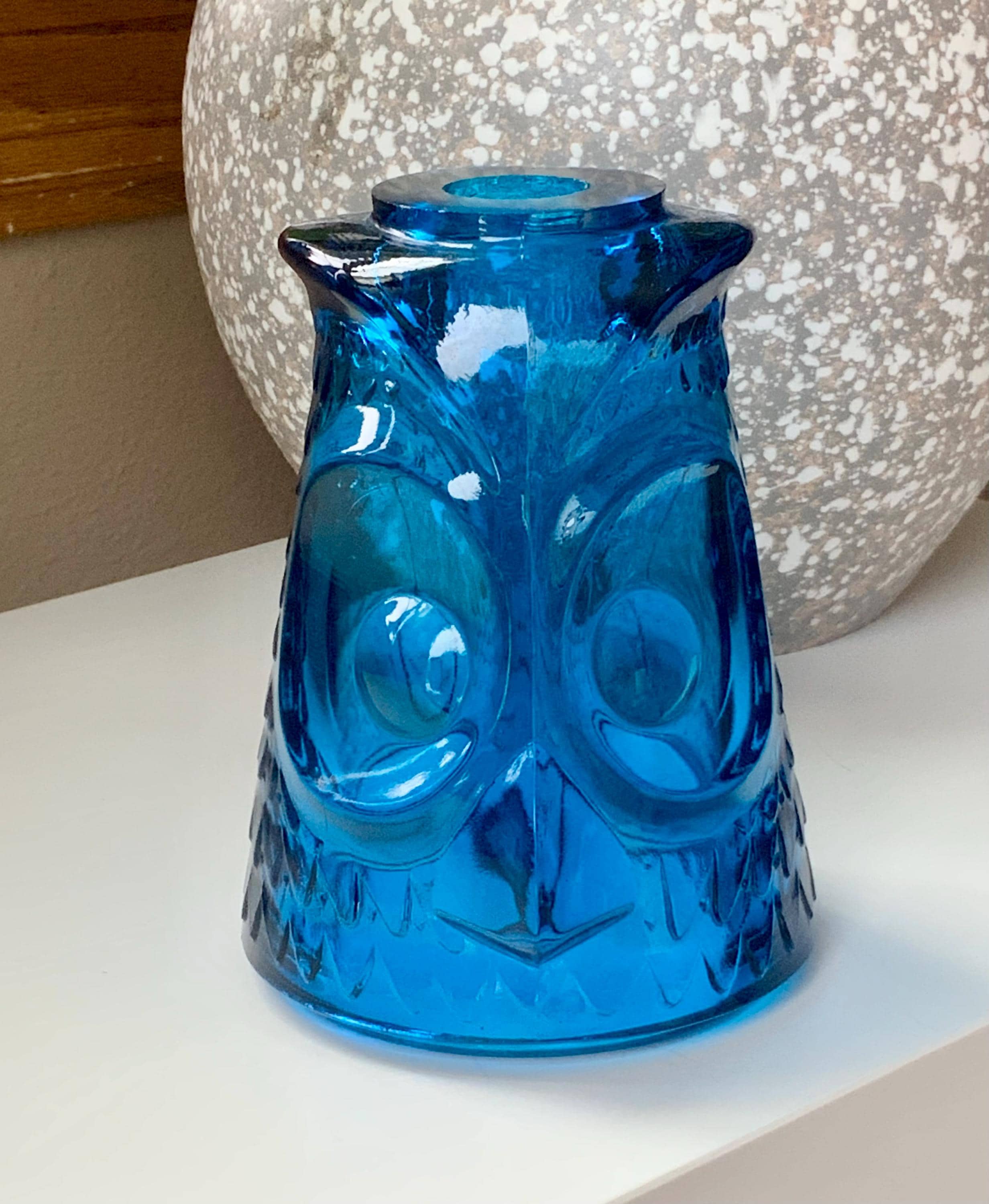 Vintage Blue Viking Glass Owl Fairy Lamp Candle Holder Top Only