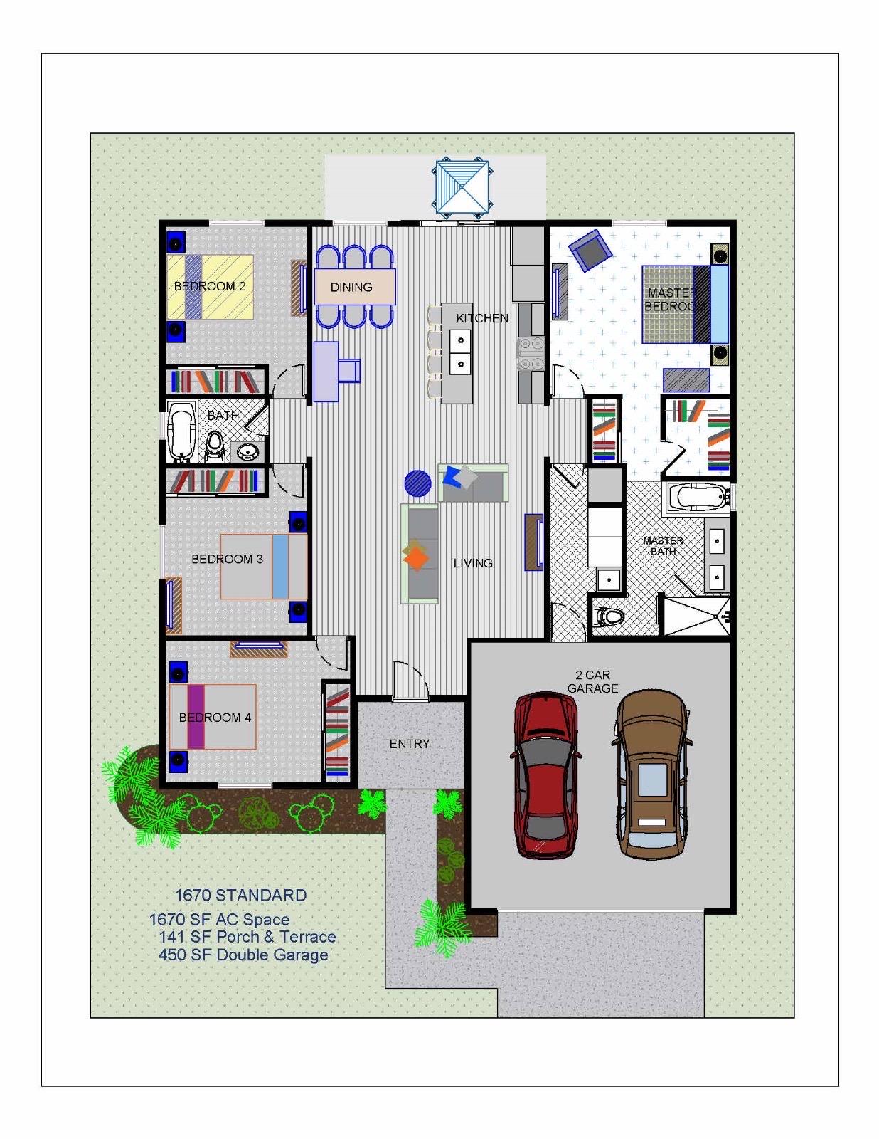 4 Bedroom 2 Bathroom 1670 SF Traditional Architectural Plans