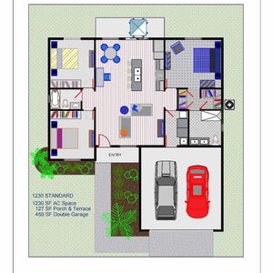 Home Architectural Floor Plans, 3 Bedroom 2 Bathroom house plan, Traditional Design 1230 SF.