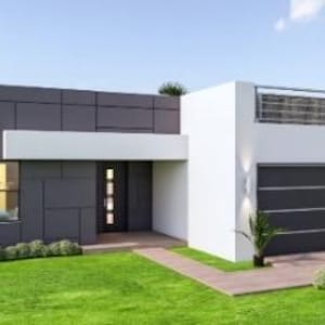 May include: A modern, single-story house with a flat roof and a minimalist design. The exterior features a combination of dark gray and white panels, a dark gray garage door, and a small balcony. The house is surrounded by green grass and palm trees.
