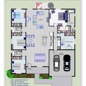 Moderne architectonische plattegronden met 5 slaapkamers en 3 badkamers, 2121 m². FT.
