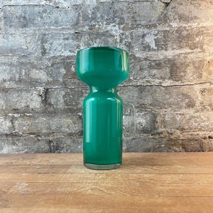 Green Art Glass Pitcher Vase: Clear Handle, 10&quot; Tall