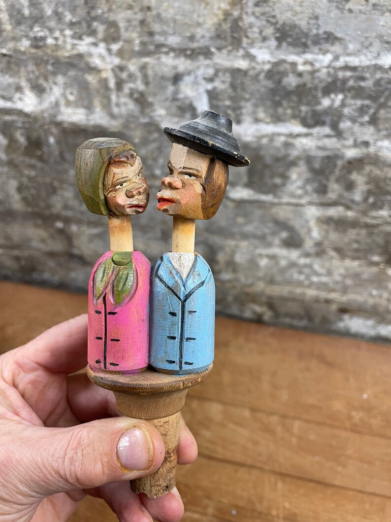 Frank Carl Weber Folk Art Kissing Couple Carved Wooden Bottle Stopper image 4