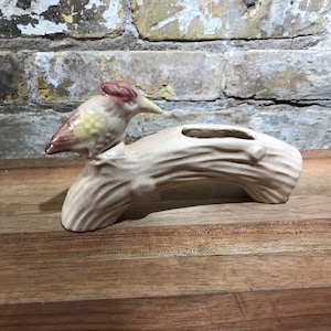 Adorable Kingfisher or Woodepecker Vintage Ceramic Bird on a Log Planter