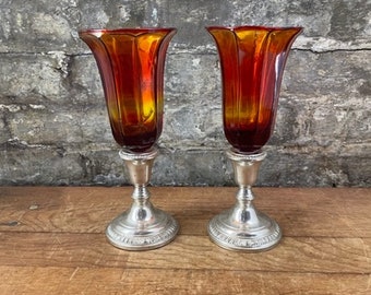 Frank M Whiting Sterling Silver Amber Glass Goblets