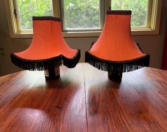 Pair of  Fringed Red Orange  Square Lampshades