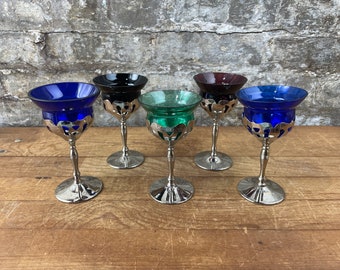 Set of 5 Assorted Colorful Glass and Metal Goblets