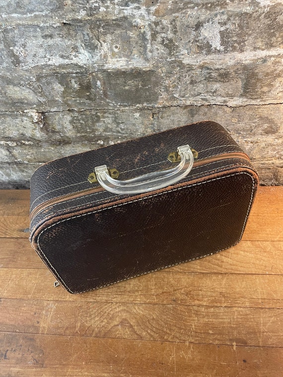 Small Vintage Leather Suitcase with Lucite Handle - image 3