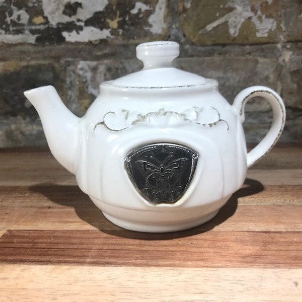 Small White Porcelain Teapot with Embossed Gold Butterfly Shield