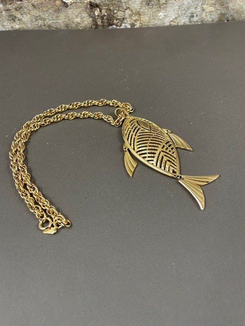 Cute Gold tone Metal Articulated Fish Pendant Necklace by Alan