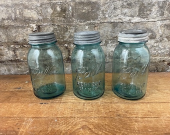 Vintage Ball Mason Jars: Blue Glass, Set of 3 Quart Jars