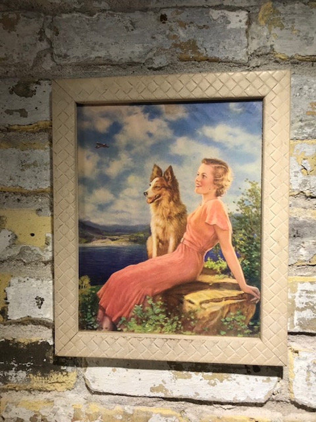 Charming Framed Print of Woman and Dog - Etsy