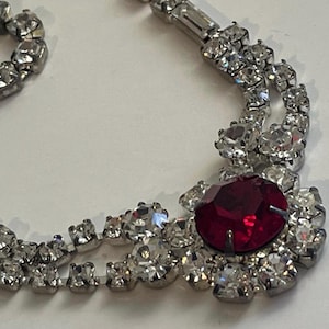 Pretty Rhinestone Necklace and Earrings with Red Center Stone