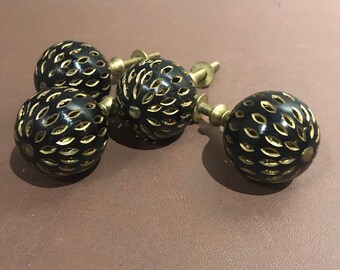 Set of Four Spherical Cut-out Brass Drawer Pull Knobs