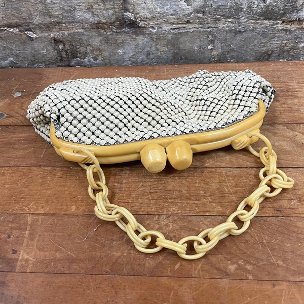 Vintage Whiting and Davis Enameled Mesh Purse with Bakelite Clasp and Chain