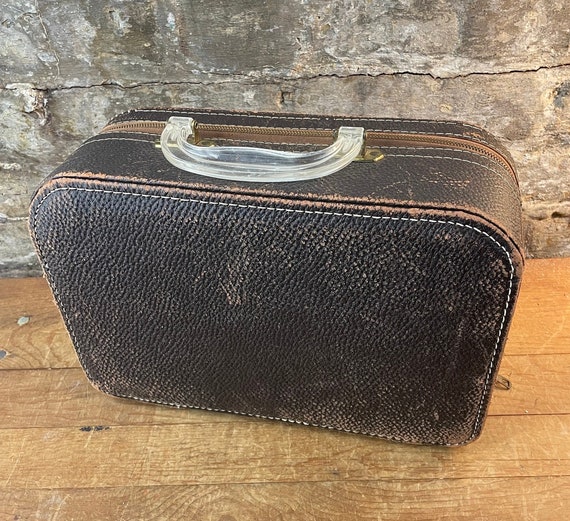 Small Vintage Leather Suitcase with Lucite Handle - image 1