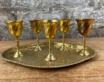 Set of 5 Small Brass Metal Goblet Cordials on a Brass Tray