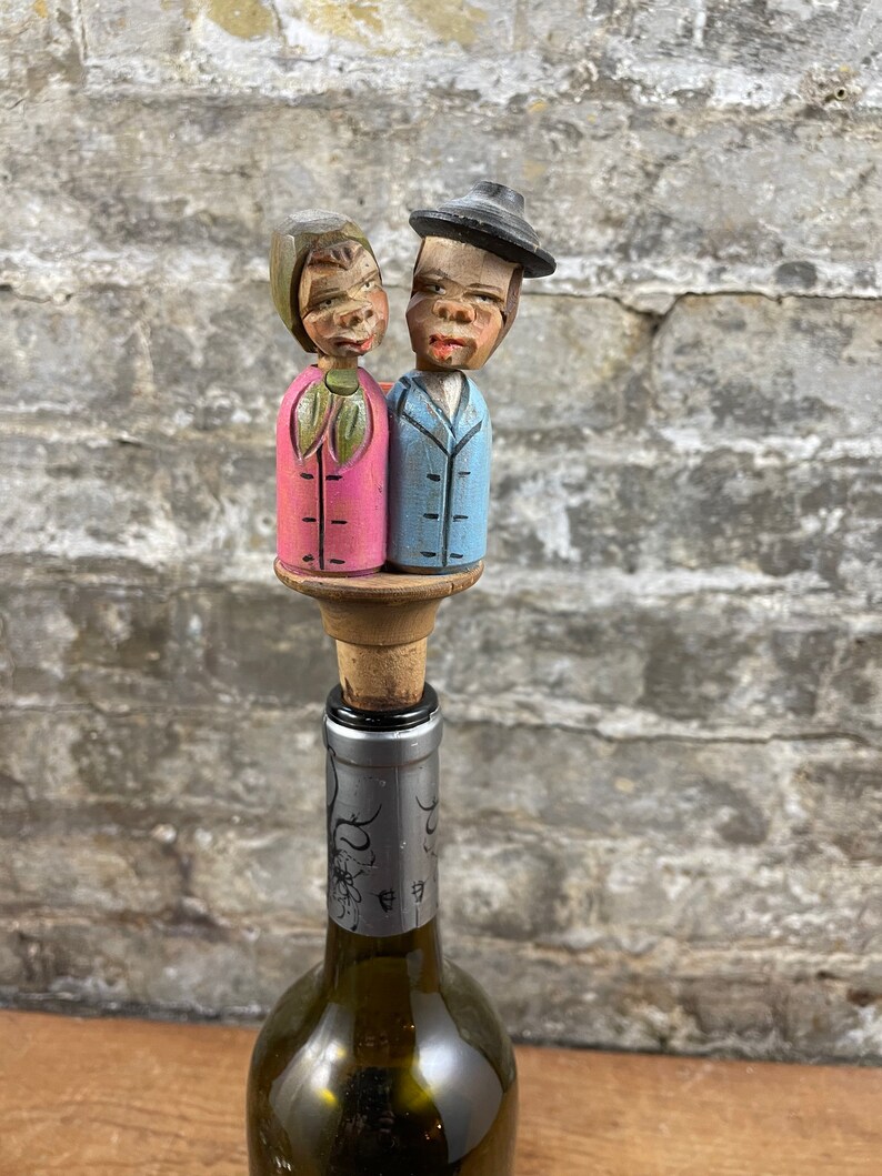 Frank Carl Weber Folk Art Kissing Couple Carved Wooden Bottle Stopper image 3