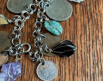 Vintage Bracelet with Coins and Semiprecious Stones