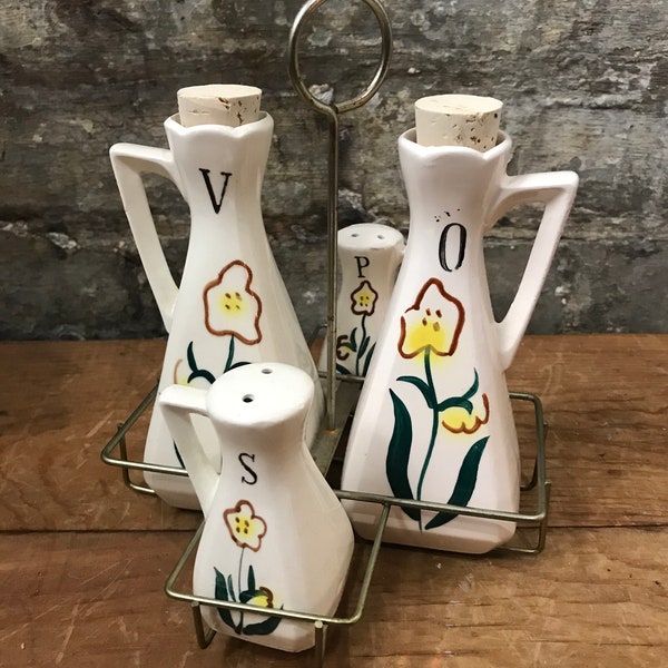 Charming Hand Painted Japan Oil and Vinegar Salt and Pepper Condiment Set