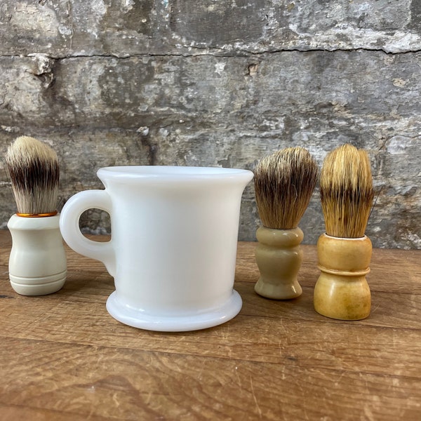 Heavy Milk Glass Shaving Cup Mug with 3 Brushes