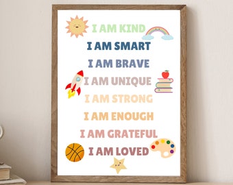 Affirmations, I Am Affirmations, kids Picture Affirmation, Homeschool decor, Classroom affirmations, homeschool poster, Playroom poster