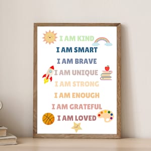 Affirmations, I Am Affirmations, kids Picture Affirmation, Homeschool decor, Classroom affirmations, homeschool poster, Playroom poster