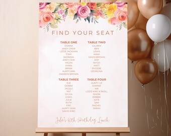 Spring Floral Wedding Seating Chart Template (Canva, 24x36, A2) (Digital Download)