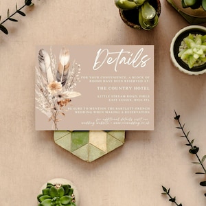 Kaart met neutrale boho-huwelijksdetails, rustieke boho-sjabloon met bruiloftdetails, canvassjabloon - WBH04