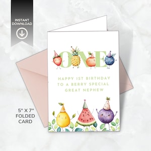 Carte d'anniversaire de 1er anniversaire de danse de fruits, imprimable, carte d'anniversaire pliée personnalisée, thème de fête de fruits pour enfants, modèle de toile, téléchargement immédiat - GCD03
