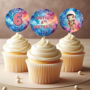 Space Party Cupcake Toppers | 6th Birthday Printable | Canva Template | Rocket Astronaut Outer Space Party Decor - KBS01