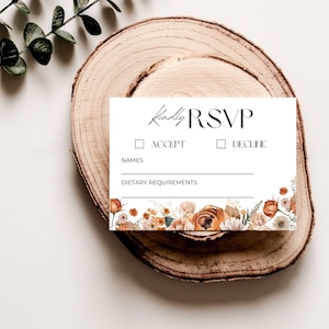 Terracotta Wedding RSVP Card, Autumn Fall Floral Wedding Reply Card Template, Canva Template - WTC08