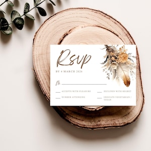 Boho neutrale bruiloft RSVP, rustieke boho bruiloft antwoordkaart, canvassjabloon - WBH04