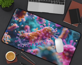 Pink and Blue Bacteria Desk Mat, Ocean Organisms Mouse Pad, Gift for Science Teacher, Biology Student, Ocean Themed Office Decor