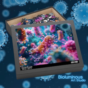 Pink and Blue Bacteria Puzzle. Miroscopic Science Art Jigsaw. Gift for Birthdays, Holidays, Kids and Adults. Fun Family Activity
