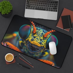 May include: A black mouse mat with a detailed image of an insect's face. The insect has large, multi-coloured eyes, orange antennae, and a yellow and green body. A white mouse and other office supplies are visible.