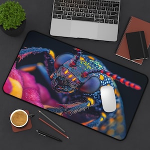 May include: A black rectangular mouse mat with a detailed image of a vibrant insect, showcasing blue, yellow, and orange hues. A white mouse sits on the mat. A laptop, coffee, and stationery are also present.