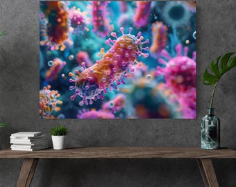 Art mural bactéries roses et bleues, affiche d'art scientifique, décoration biologie, impression microbiologie, affiche de laboratoire, décoration de salle de classe, universitaire