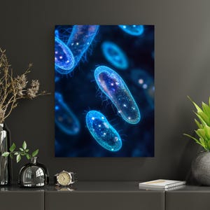 May include: A canvas print featuring a close-up view of several glowing, blue, microscopic organisms. The organisms have an elongated shape with internal details and small, hair-like structures. The background is a deep blue.