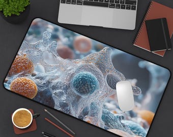 Blue and Yellow Biological Art Desk Mat - Microscopic Cell Bacteria Mouse Pad, Unique Gift for Students, Office Decor, Science Decor