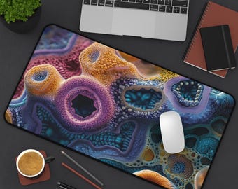 Blue, Purple, and Yellow Cell Art Desk Mat, Microscopic Cell Bacteria Mouse Pad, Biology Art Gift for Students, Scientists, Office Decor