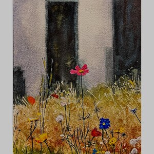 Urban Wildflowers Watercolor Painting – Botanical Cityscape Wall Art – Modern Floral Architecture Print – 5.875&quot; by 11.75&quot; -  Unframed