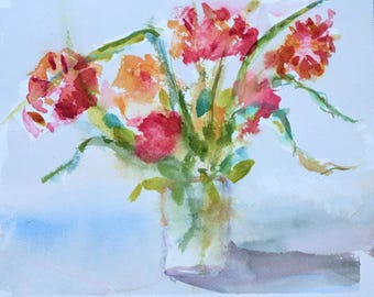 オリジナルの花の水彩画：ガラスの花瓶に入ったカラフルな花、6x9